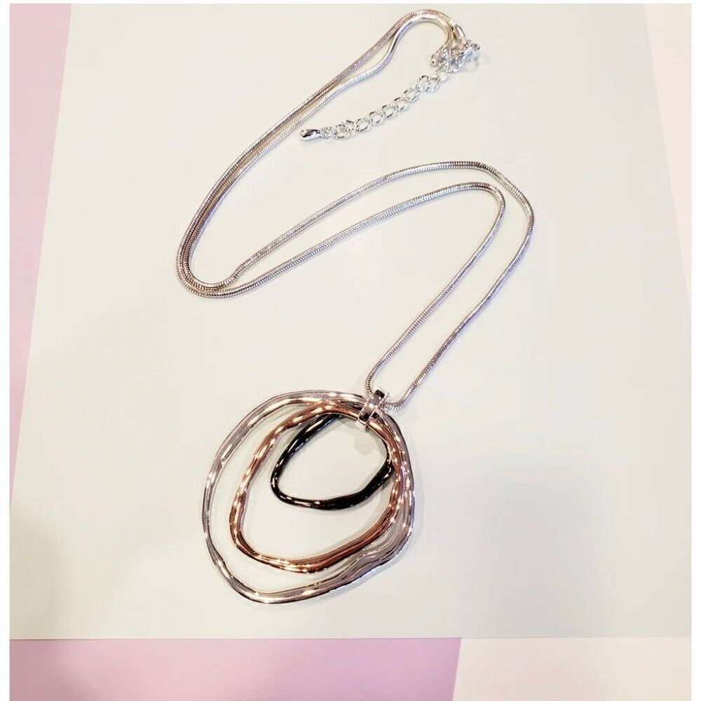 The Pearl & Stone Juniper Circles Long Multi Tone Statement Necklace.